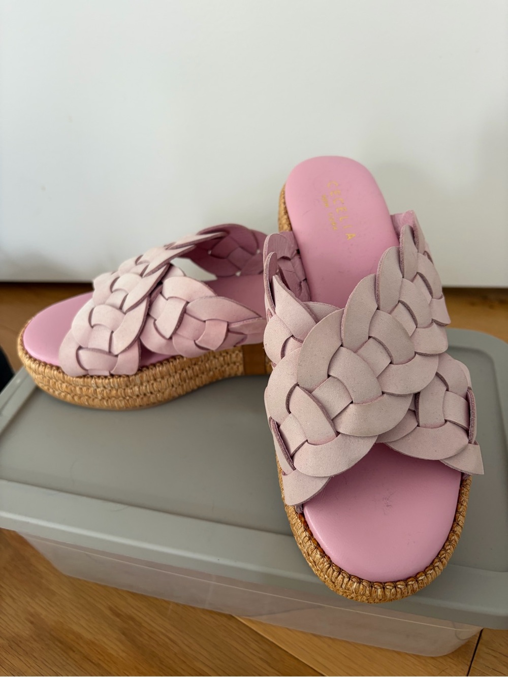 CECILIA NEW YORK Braided Pale Pink Espadrille Platform Mules